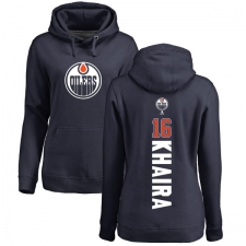 NHL Women's Adidas Edmonton Oilers #16 Jujhar Khaira Navy Blue Backer Pullover Hoodie