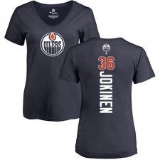 NHL Women's Adidas Edmonton Oilers #36 Jussi Jokinen Navy Blue Backer Slim Fit V-Neck T-Shirt