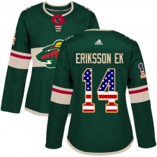 Women's Adidas Minnesota Wild #14 Joel Eriksson Ek Authentic Green USA Flag Fashion NHL Jersey