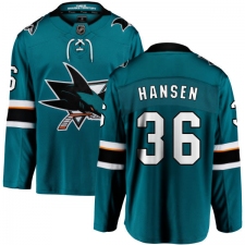 Youth San Jose Sharks #36 Jannik Hansen Fanatics Branded Teal Green Home Breakaway NHL Jersey