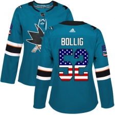 Women's Adidas San Jose Sharks #52 Brandon Bollig Authentic Teal Green USA Flag Fashion NHL Jersey