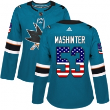 Women's Adidas San Jose Sharks #53 Brandon Mashinter Authentic Teal Green USA Flag Fashion NHL Jersey