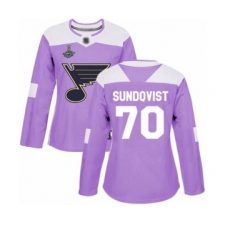 Women's St. Louis Blues #70 Oskar Sundqvist Authentic Purple Fights Cancer Practice 2019 Stanley Cup Champions Hockey Jersey