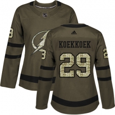 Women's Adidas Tampa Bay Lightning #29 Slater Koekkoek Authentic Green Salute to Service NHL Jersey