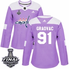 Women's Adidas Washington Capitals #91 Tyler Graovac Authentic Purple Fights Cancer Practice 2018 Stanley Cup Final NHL Jersey
