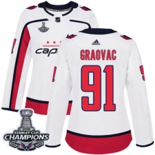 Women's Adidas Washington Capitals #91 Tyler Graovac Authentic White Away 2018 Stanley Cup Final Champions NHL Jersey