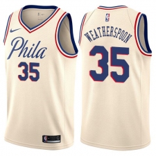 Men's Nike Philadelphia 76ers #35 Clarence Weatherspoon Authentic Cream NBA Jersey - City Edition