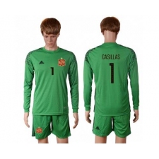 Spain #1 Casillas Green Goalkeeper Long Sleeves Soccer Country Jersey