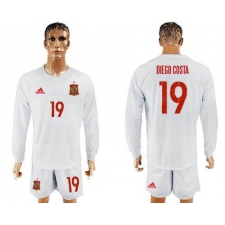 Spain #19 Diego Costa White Away Long Sleeves Soccer Country Jersey