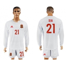 Spain #21 Silva White Away Long Sleeves Soccer Country Jersey