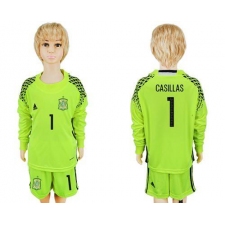 Spain #1 Casillas Shiny Green Long Sleeves Goalkeeper Kid Soccer Country Jersey