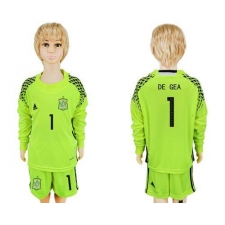 Spain #1 De Gea Shiny Green Long Sleeves Goalkeeper Kid Soccer Country Jersey