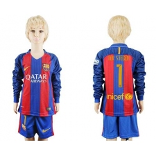 Barcelona #1 Ter Stegen Home Long Sleeves Kid Soccer Club Jersey