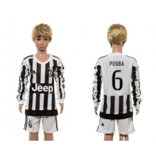 Juventus #6 Pogba Home Long Sleeves Kid Soccer Club Jersey