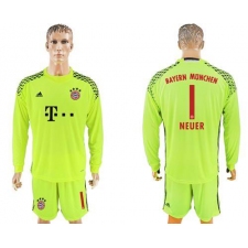 Bayern Munchen #1 Neuer Shiny Green Goalkeeper Long Sleeves Soccer Club Jersey
