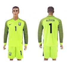 Brazil #1 Alisson Green Long Sleeves Goalkeeper Soccer Country Jersey