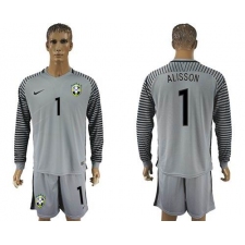 Brazil #1 Alisson Grey Goalkeeper Long Sleeves Soccer Country Jersey