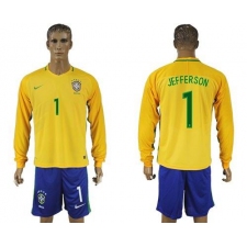 Brazil #1 Jefferson Home Long Sleeves Soccer Country Jersey
