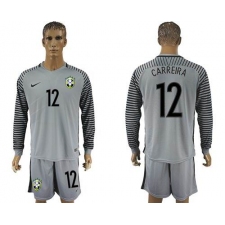 Brazil #12 Carreira Grey Goalkeeper Long Sleeves Soccer Country Jersey