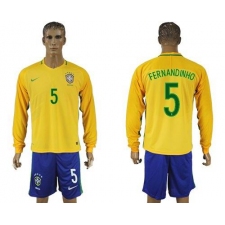 Brazil #5 Fernandinho Home Long Sleeves Soccer Country Jersey