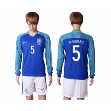 Brazil #5 Ramires Away Long Sleeves Soccer Country Jersey