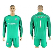 Manchester United #1 C.Bravo Green Goalkeeper Long Sleeves Soccer Club Jersey