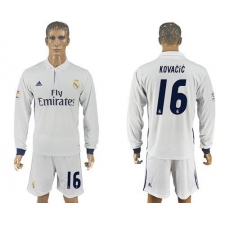 Real Madrid #16 Kovacic White Home Long Sleeves Soccer Club Jersey