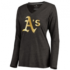 MLB Oakland Athletics Women's Gold Collection Long Sleeve V-Neck Tri-Blend T-Shirt - Grey