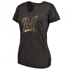 MLB Milwaukee Brewers Fanatics Apparel Women's Gold Collection V-Neck Tri-Blend T-Shirt - Grey