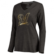 MLB Milwaukee Brewers Women's Gold Collection Long Sleeve V-Neck Tri-Blend T-Shirt - Grey