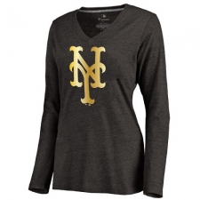 MLB New York Mets Women's Gold Collection Long Sleeve V-Neck Tri-Blend T-Shirt - Grey