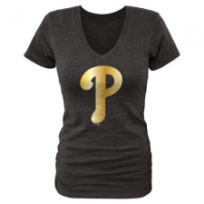 MLB Philadelphia Phillies Fanatics Apparel Women's Gold Collection V-Neck Tri-Blend T-Shirt - Grey