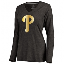 MLB Philadelphia Phillies Women's Gold Collection Long Sleeve V-Neck Tri-Blend T-Shirt - Grey