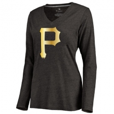 MLB Pittsburgh Pirates Women's Gold Collection Long Sleeve V-Neck Tri-Blend T-Shirt - Grey