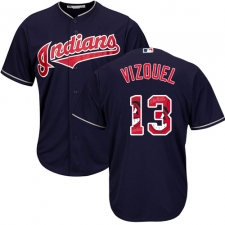 Men's Majestic Cleveland Indians #13 Omar Vizquel Authentic Navy Blue Team Logo Fashion Cool Base MLB Jersey