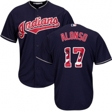 Men's Majestic Cleveland Indians #17 Yonder Alonso Authentic Navy Blue Team Logo Fashion Cool Base MLB Jersey