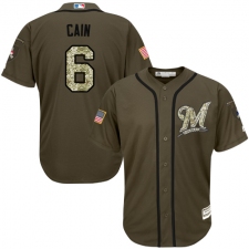 Youth Majestic Milwaukee Brewers #6 Lorenzo Cain Replica Green Salute to Service MLB Jersey