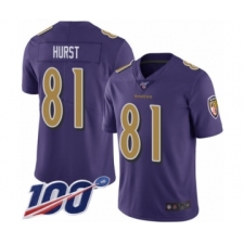 Men's Baltimore Ravens #81 Hayden Hurst Limited Purple Rush Vapor Untouchable 100th Season Football Jersey
