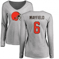NFL Women's Nike Cleveland Browns #6 Baker Mayfield Ash Name & Number Logo Long Sleeve T-Shirt