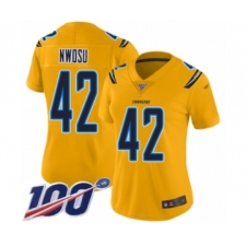 Women's Los Angeles Chargers #42 Uchenna Nwosu Limited Gold Inverted Legend 100th Season Football Jersey