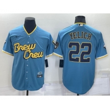 Men's Milwaukee Brewers #22 Christian Yelich Blue 2022 City Connect Cool Base Stitched Jersey