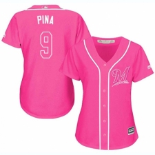 Women's Majestic Milwaukee Brewers #9 Manny Pina Authentic Pink Fashion Cool Base MLB Jersey