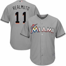 Youth Majestic Miami Marlins #11 J. T. Realmuto Authentic Grey Road Cool Base MLB Jersey