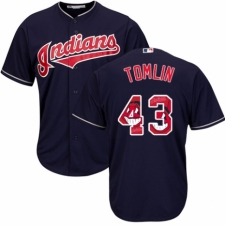 Men's Majestic Cleveland Indians #43 Josh Tomlin Authentic Navy Blue Team Logo Fashion Cool Base MLB Jersey