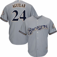 Men's Majestic Milwaukee Brewers #24 Jesus Aguilar Replica Grey Road Cool Base MLB Jersey