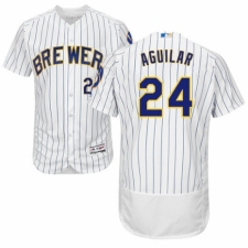 Men's Majestic Milwaukee Brewers #24 Jesus Aguilar White Home Flex Base Authentic Collection MLB Jersey