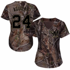 Women's Majestic Milwaukee Brewers #24 Jesus Aguilar Authentic Camo Realtree Collection Flex Base MLB Jersey
