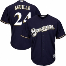 Youth Majestic Milwaukee Brewers #24 Jesus Aguilar Authentic Navy Blue Alternate Cool Base MLB Jersey