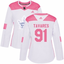 Women's Adidas Toronto Maple Leafs #91 John Tavares Authentic White Pink Fashion NHL Jersey