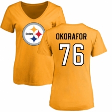 Women's Nike Pittsburgh Steelers #76 Chukwuma Okorafor Gold Name & Number Logo Slim Fit T-Shirt
